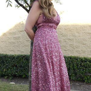 Dusty Rose Plunging Neck Sequin Formal Dress